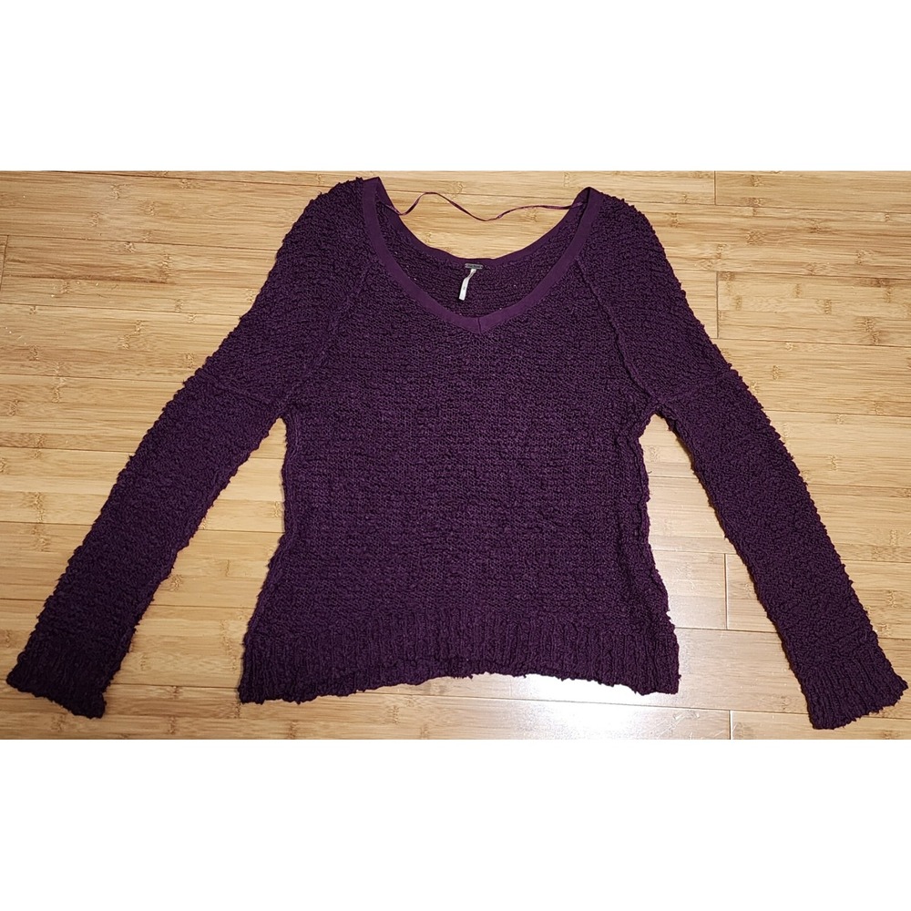 Free People Women's S Petite Songbird Sweater Purple Knit V-Neck Pullover Boucle